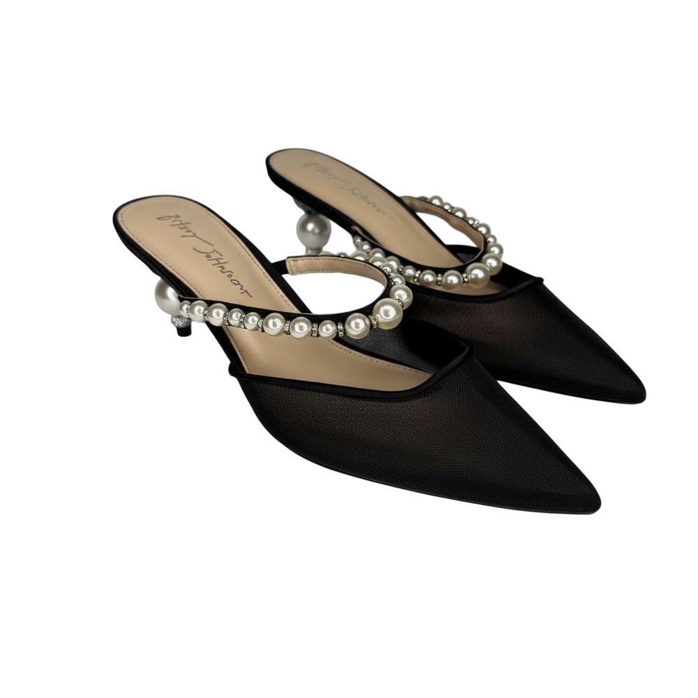 Betsey Johnson Black Mesh Pearl Rhinestone Pointed Toe Kitten Heels 9M Wedding